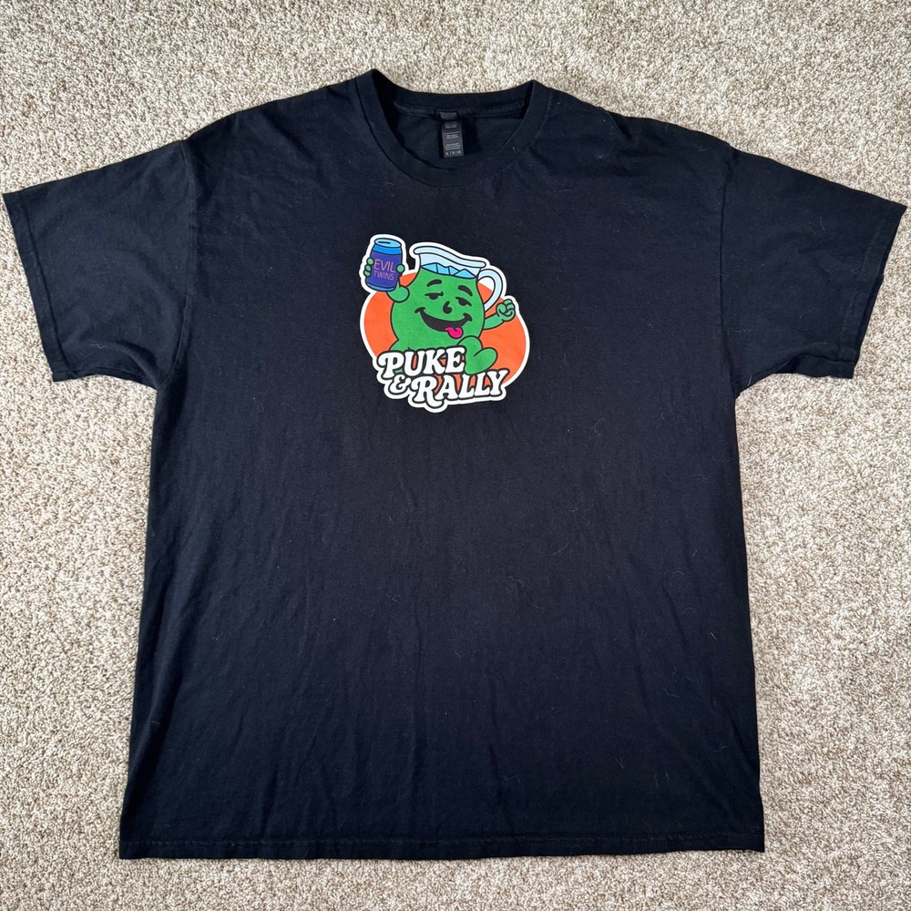 Gildan Mens XL Puke and Rally Graphic T-Shirt Black Heavy Cotton Humor Tee